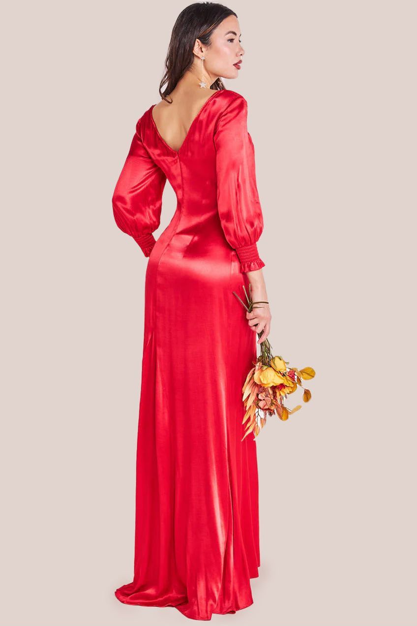 Red Viscose Satin Front Slit Maxi Dress DR3862