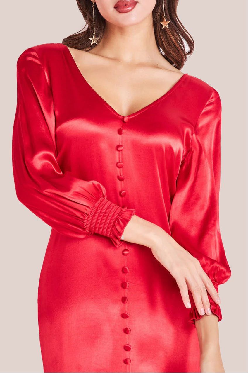 Red Viscose Satin Front Slit Maxi Dress DR3862