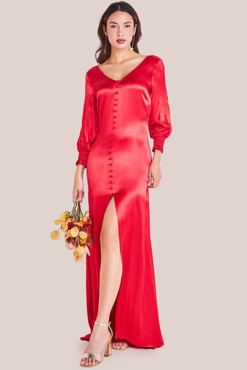 Red Viscose Satin Front Slit Maxi Dress DR3862