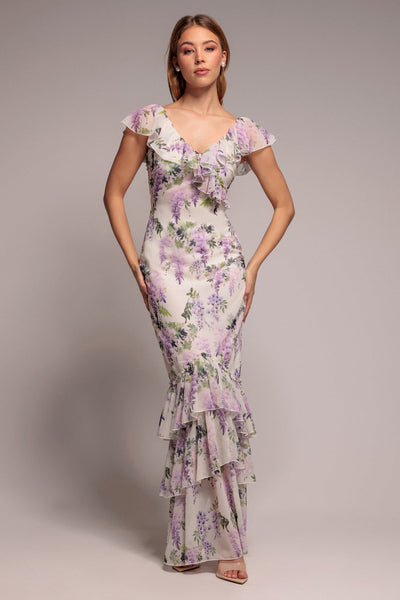 Multi - Multicolour Floral Printed Ruffle Neck Chiffon Maxi Dress by Goddiva