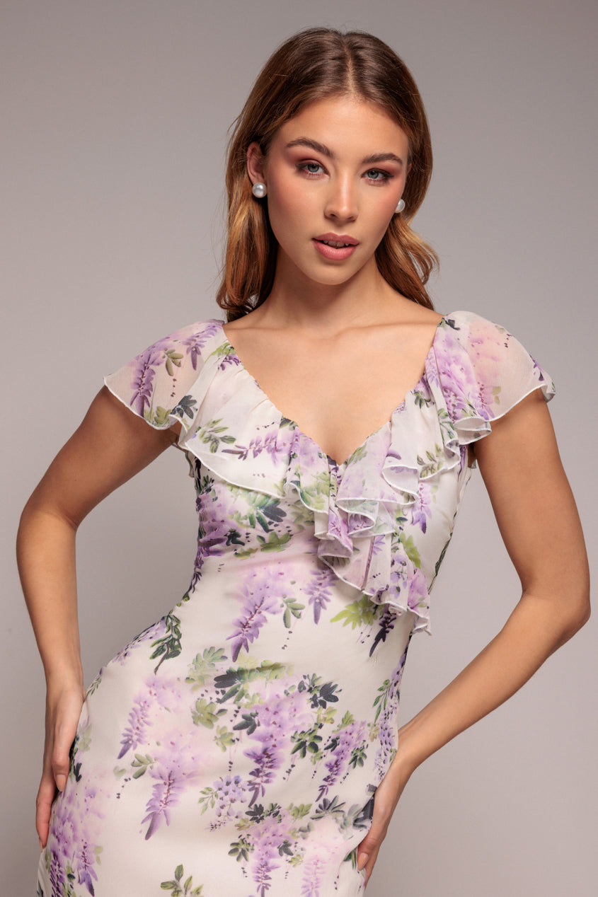 Multicolour Floral Printed Ruffle Neck Chiffon Maxi Dress DR3881QZ