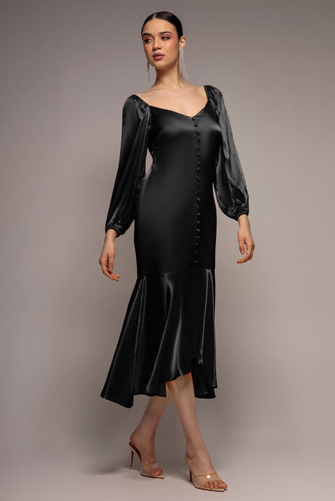 Black Satin Button-Front Dipped Hem Midaxi Dress by Goddiva