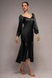 Black Satin Button-Front Dipped Hem Midaxi Dress by Goddiva