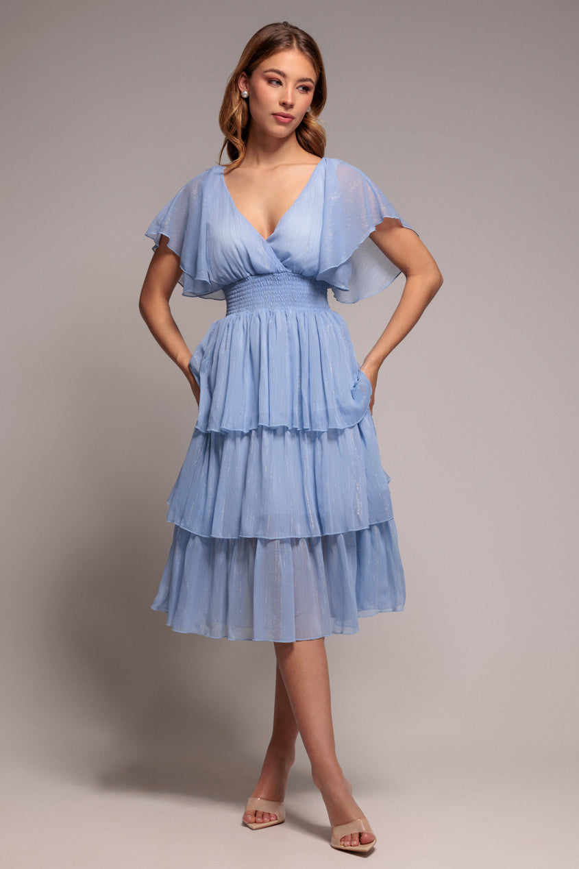Light Blue Shimmer Lurex Chiffon Tiered Midi Dress DR3905QZ