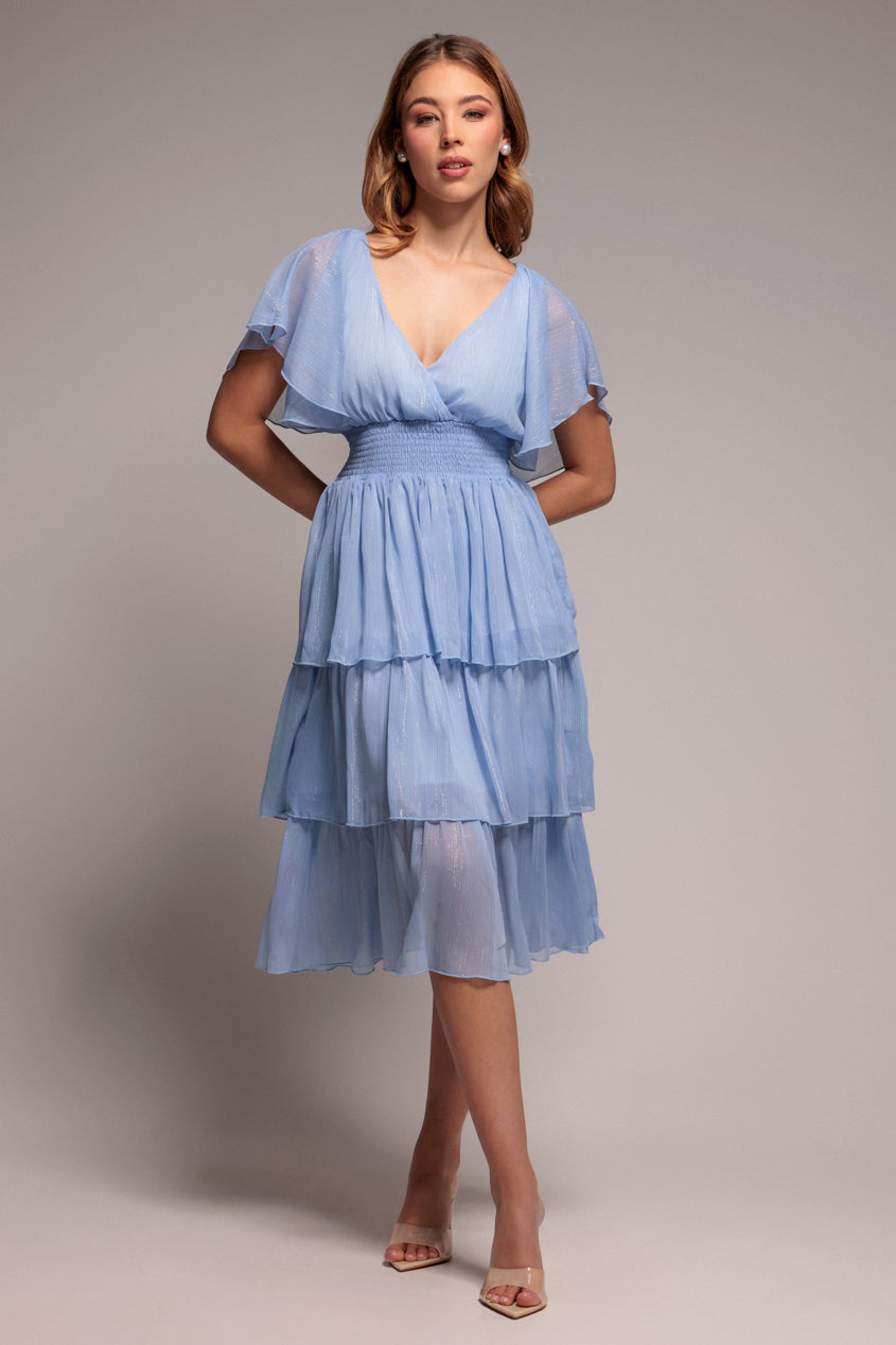 Light Blue Shimmer Lurex Chiffon Tiered Midi Dress DR3905QZ