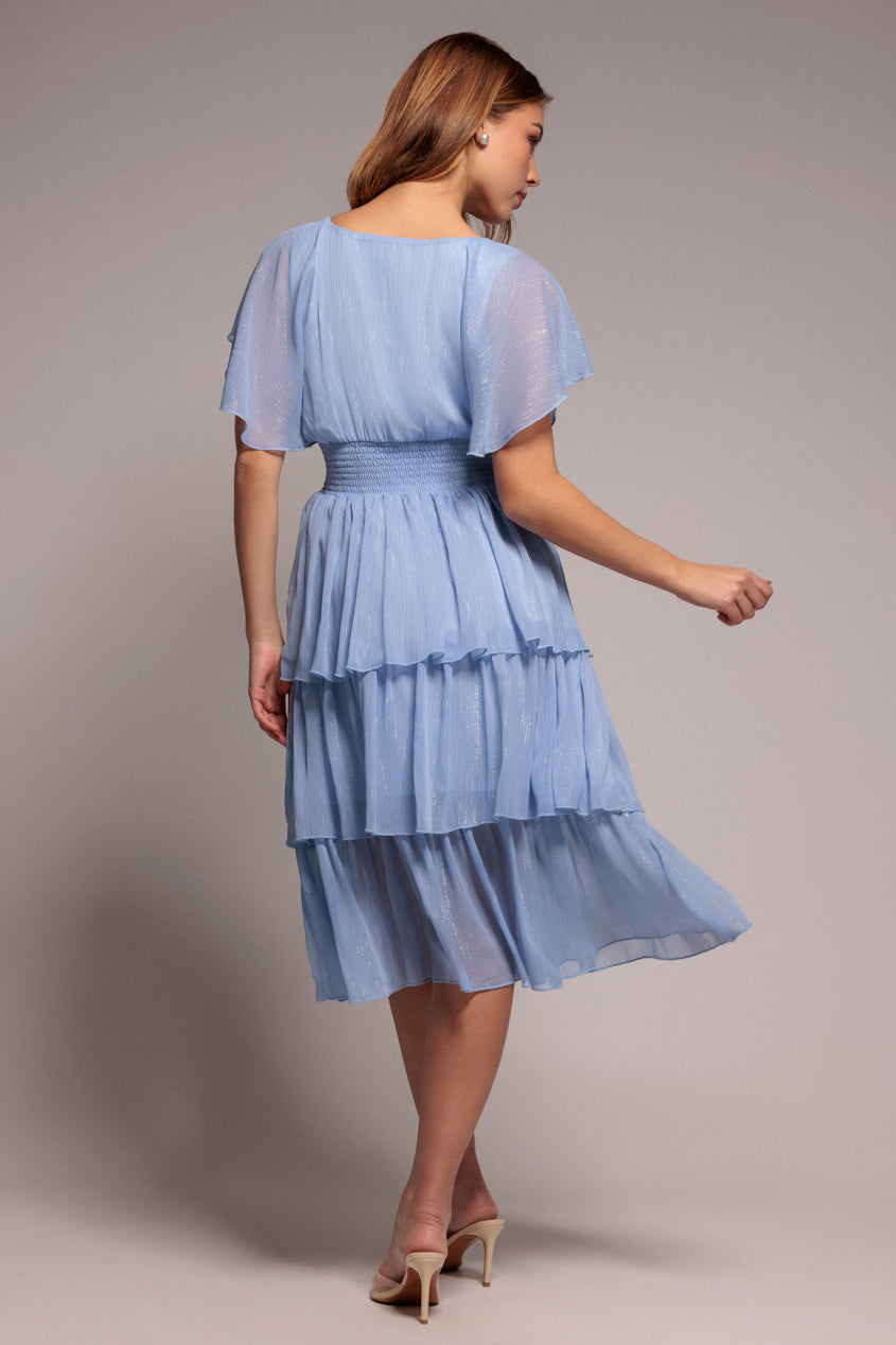 Light Blue Shimmer Lurex Chiffon Tiered Midi Dress DR3905QZ