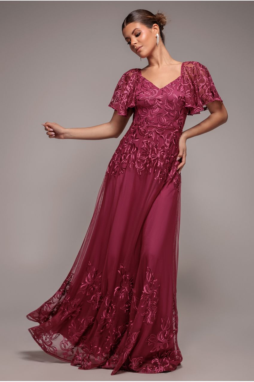 Burgundy Embroidered Mesh Flutter Sleeve A-Line Maxi Dress DR3942