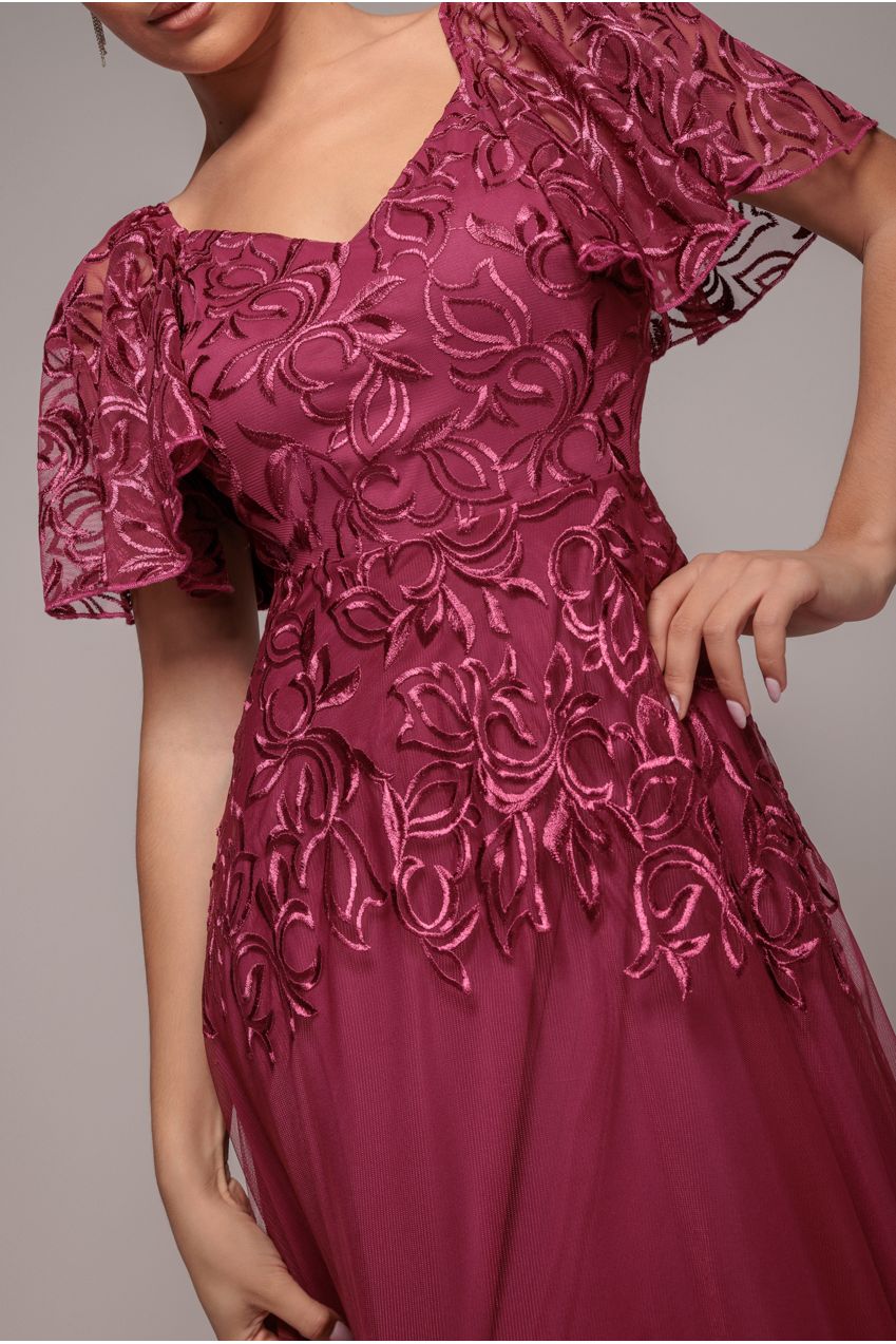 Burgundy Embroidered Mesh Flutter Sleeve A-Line Maxi Dress DR3942