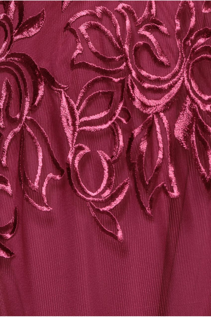 Burgundy Embroidered Mesh Flutter Sleeve A-Line Maxi Dress DR3942