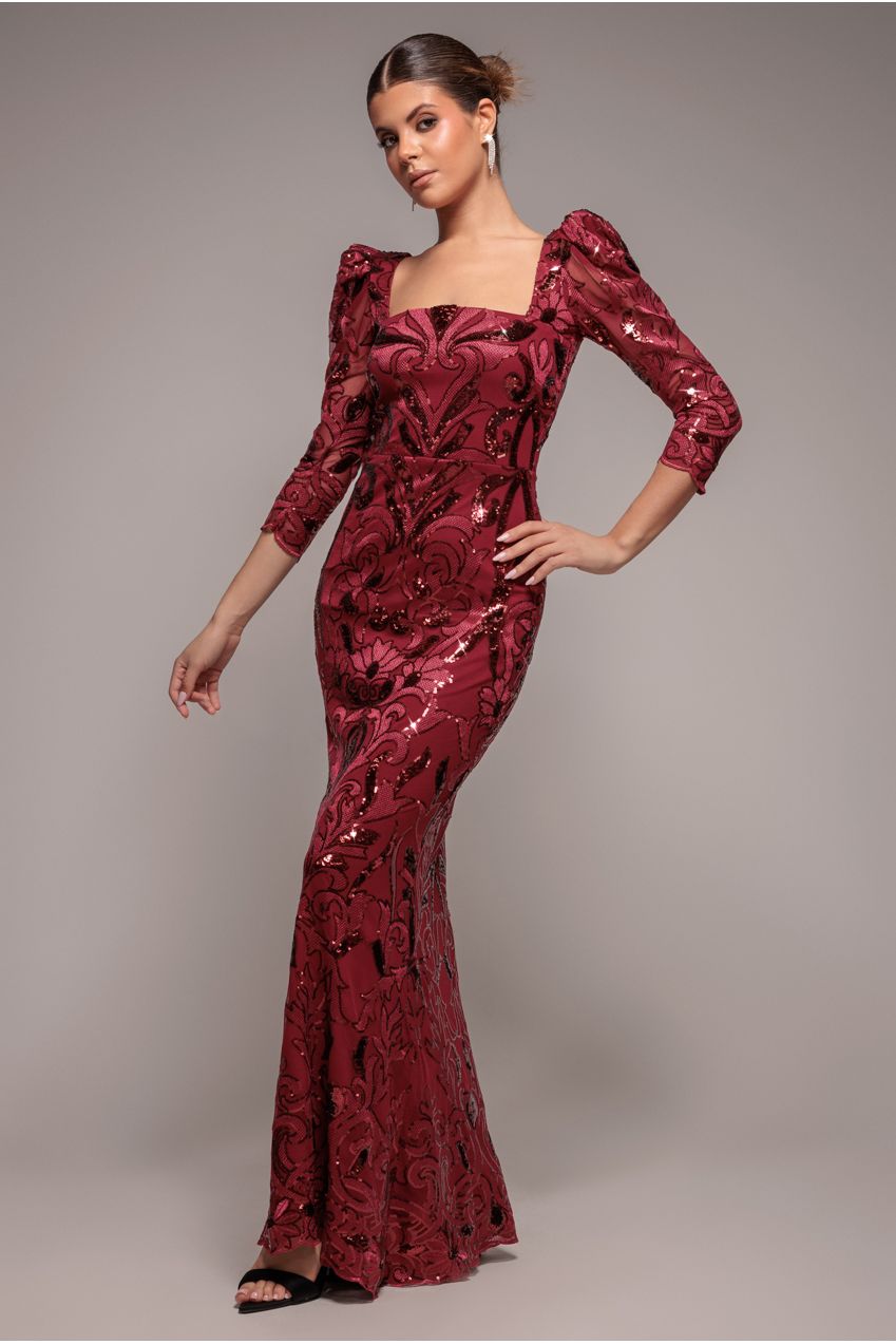 Wine Embroidered Scalloped Sequin Square Neck Cocktail Maxi Dress DR4016