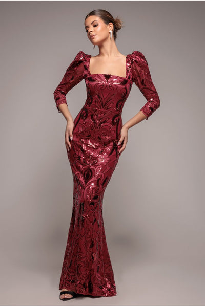 Wine - Wine Embroidered Scalloped Sequin Square Neck Cocktail Maxi Dress by Goddiva