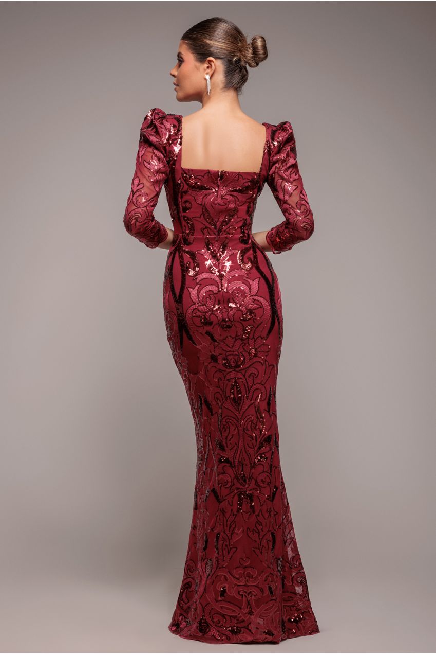 Wine Embroidered Scalloped Sequin Square Neck Cocktail Maxi Dress DR4016