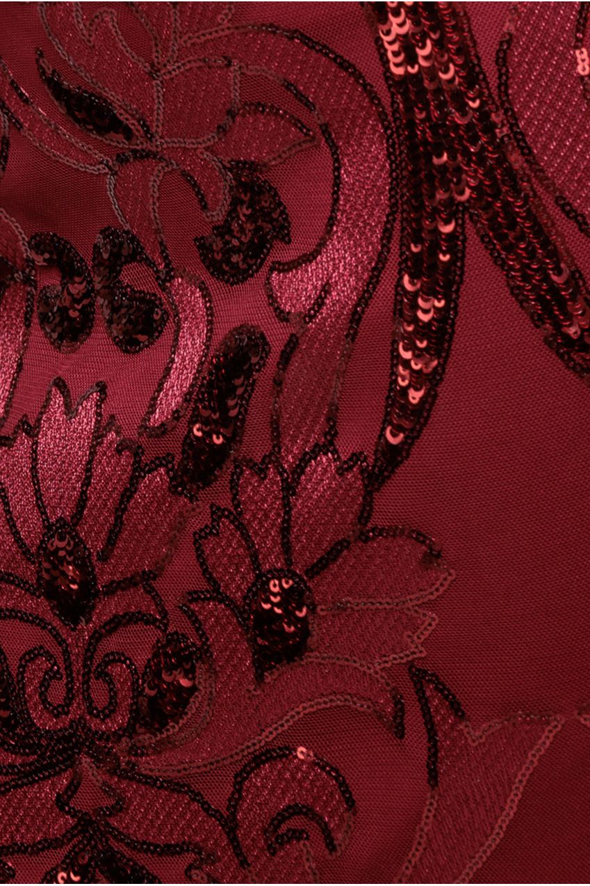 Wine Embroidered Scalloped Sequin Square Neck Cocktail Maxi Dress DR4016