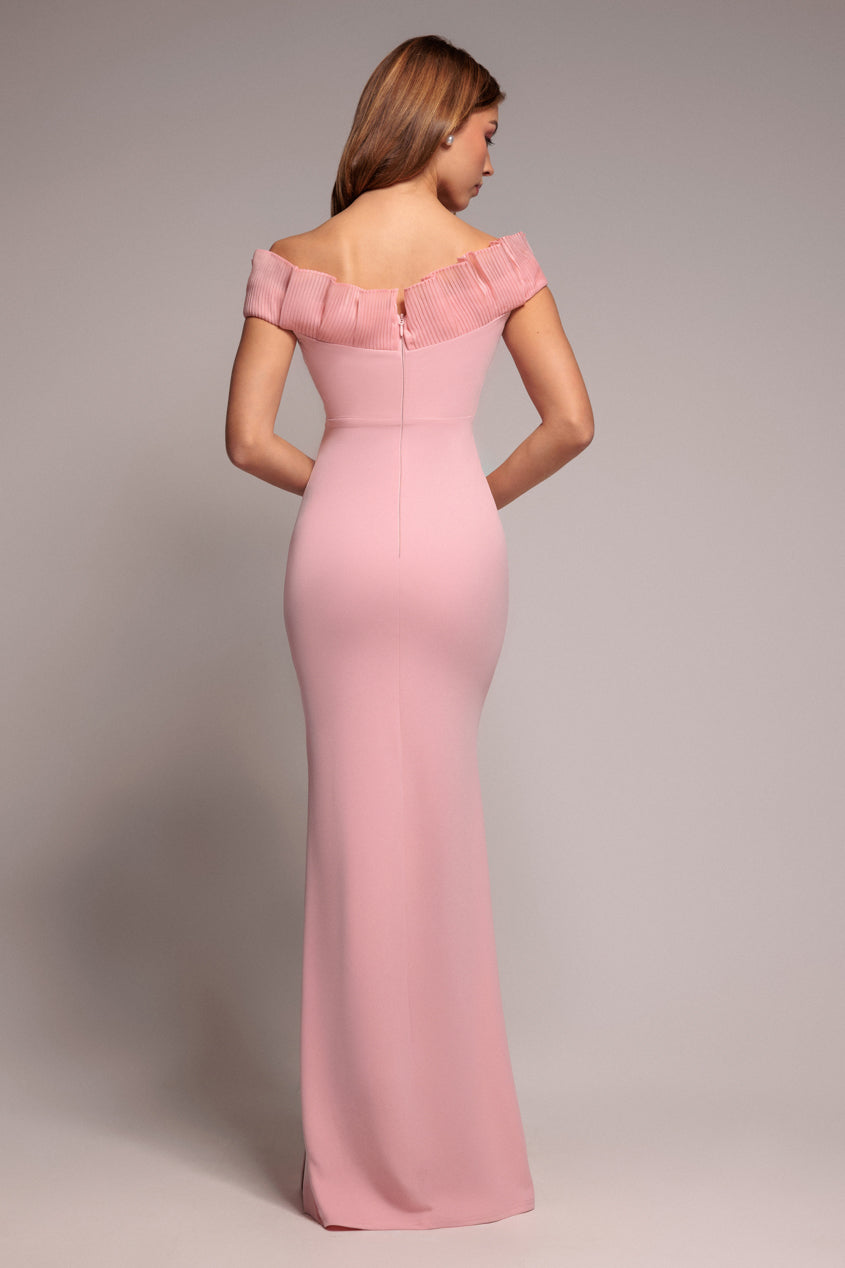 Blush Pink Fan Pleated Off-Shoulder Scuba Crepe Maxi Dress DR4070