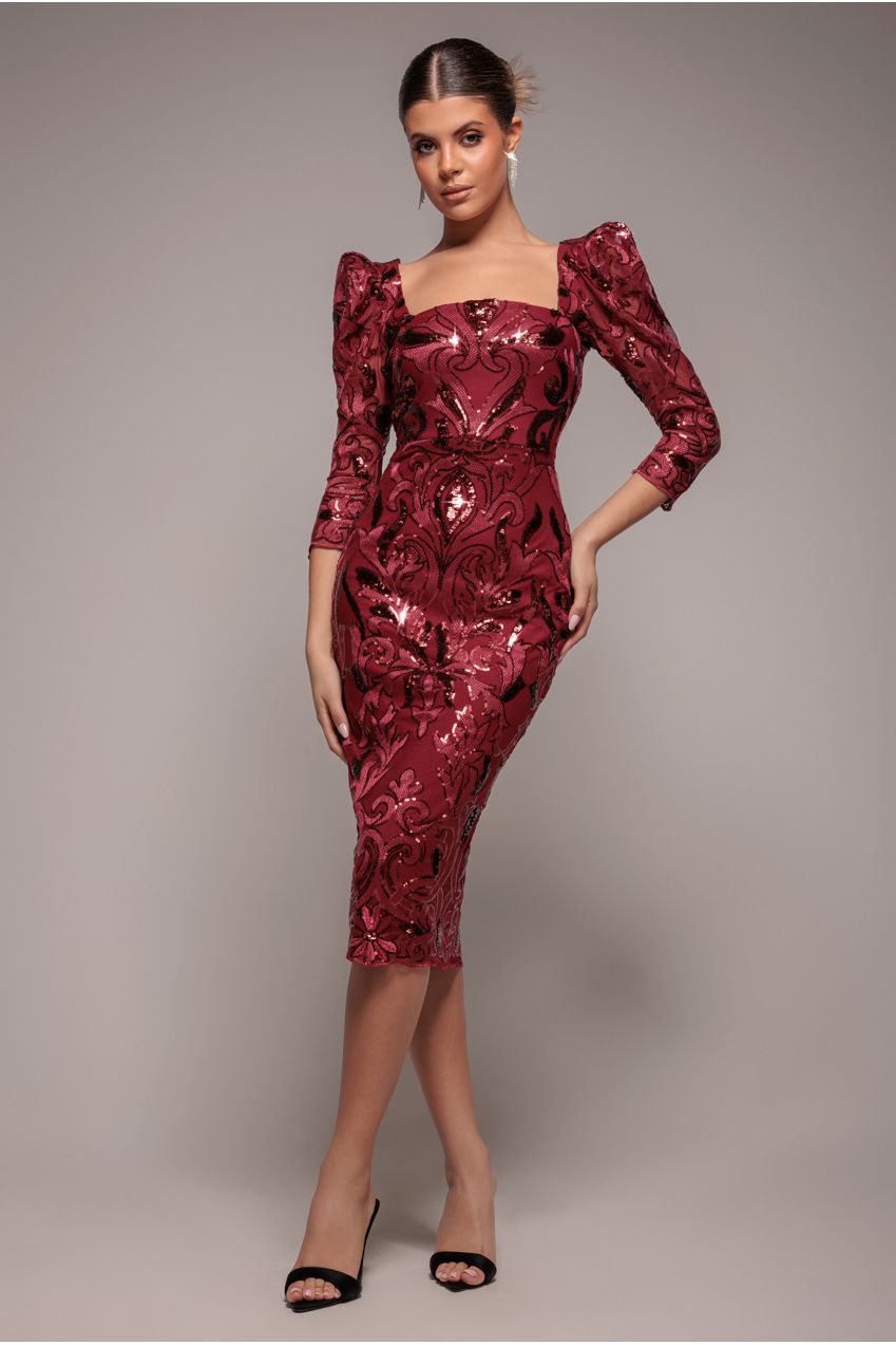 Wine Embroidered Sequin Scalloped Neck Cocktail Midi Dress DR4124