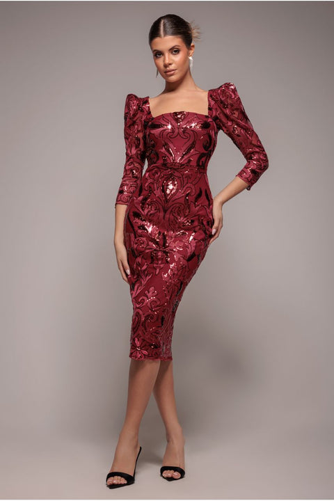 Wine Embroidered Sequin Scalloped Neck Cocktail Midi Dress by Goddiva