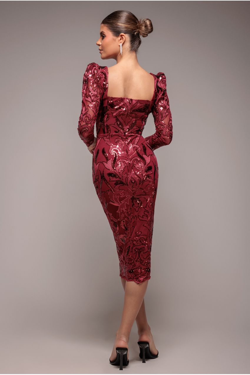 Wine Embroidered Sequin Scalloped Neck Cocktail Midi Dress DR4124