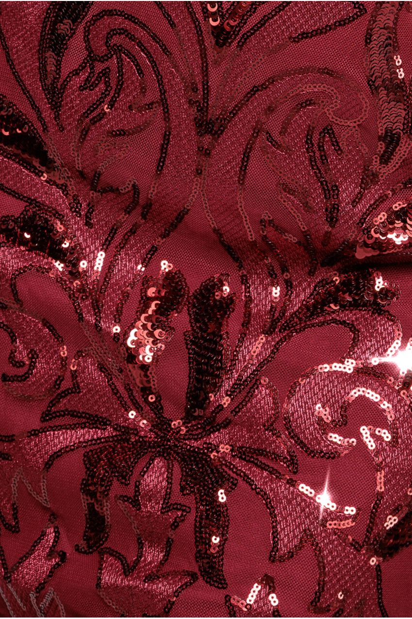Wine Embroidered Sequin Scalloped Neck Cocktail Midi Dress DR4124