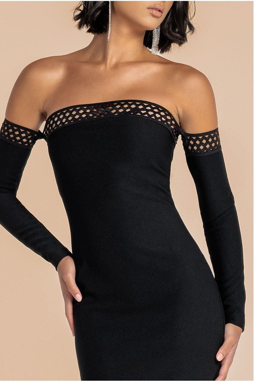 Black Ribbed Bandeau Bodycon Midi Dress With Slit DR4186