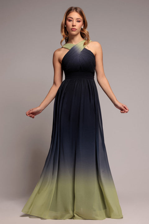Lime Ombre Pleated Cross-Front Chiffon Maxi Dress by Goddiva