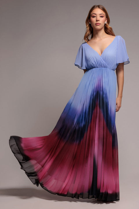 Blue Wavy Ombre A-Line Chiffon Maxi Dress by Goddiva
