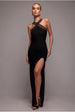 Black Ribbed Halter Neck Bodycon Maxi Dress With Thigh-High Slit by Goddiva