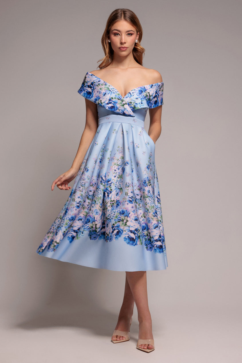 Blue Floral Off-Shoulder Bardot A-Line Midi Dress DR4228