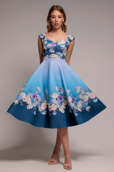 Blue - Blue Floral Print Fit & Flare Skater Dress by Goddiva