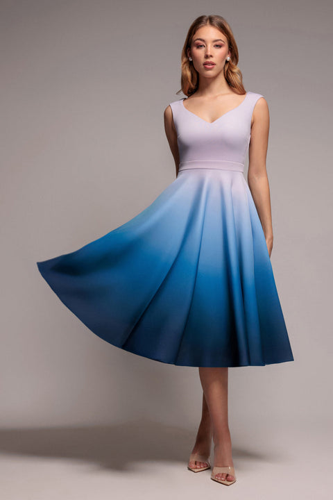 Light Blue Ombre Off-Shoulder Bardot A-Line Midi Dress by Goddiva