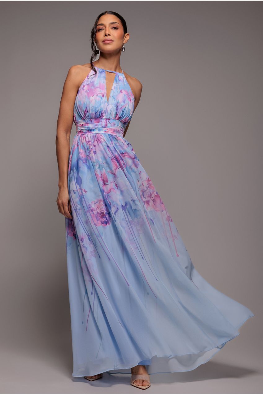 Blue Floral Halter Neck Chiffon Maxi Dress DR4299