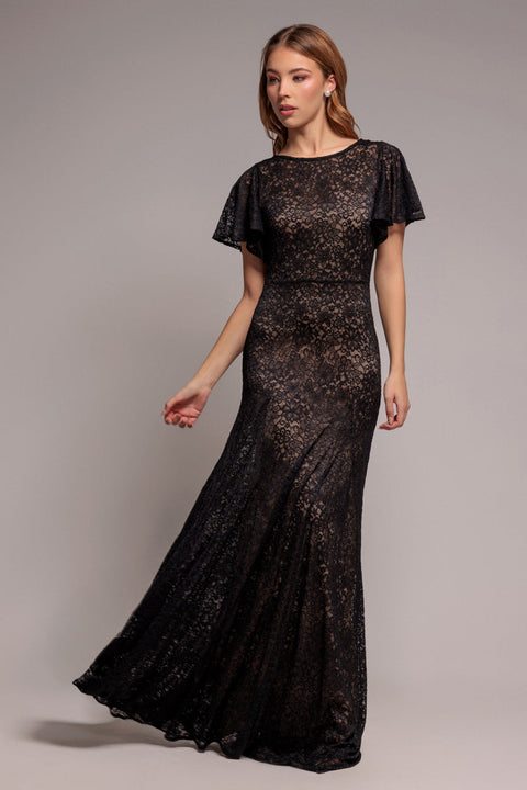 Black Lace Flutter Sleeve A-Line Maxi Dress by Goddiva