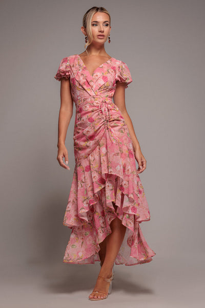 Pink - Pink Floral Wrap High-Low Chiffon Midaxi Dress by Goddiva