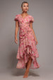 Pink Floral Wrap High-Low Chiffon Midaxi Dress by Goddiva