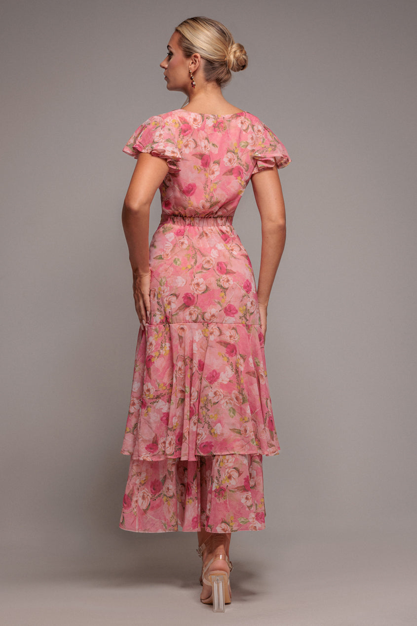 Pink Floral Wrap High-Low Chiffon Midaxi Dress DR4369