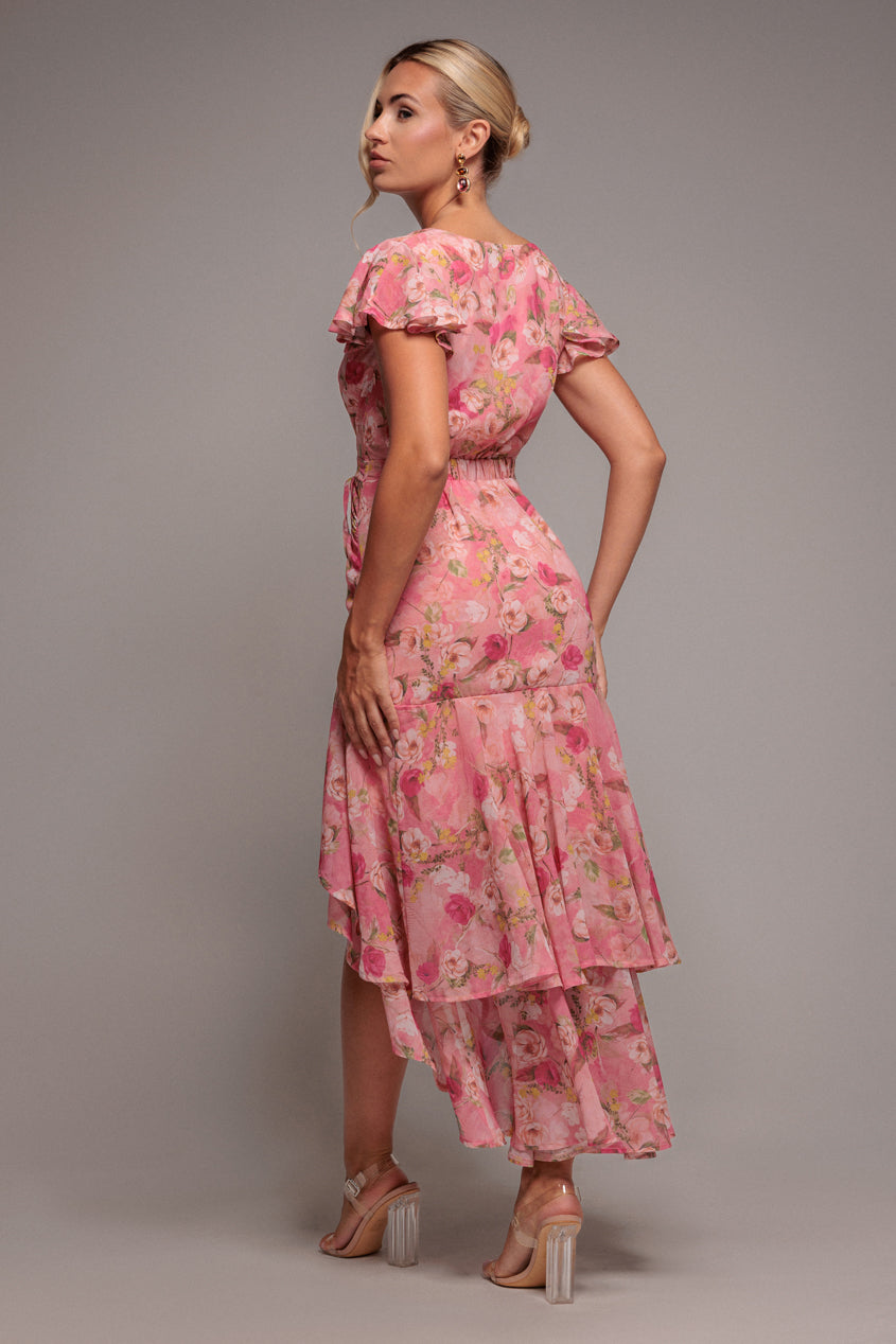 Pink Floral Wrap High-Low Chiffon Midaxi Dress DR4369
