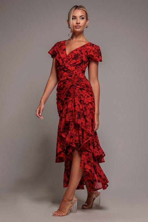 Red Floral Wrap High-Low Chiffon Midaxi Dress by Goddiva