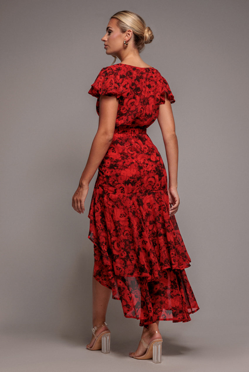 Red Floral Wrap High-Low Chiffon Midaxi Dress DR4369
