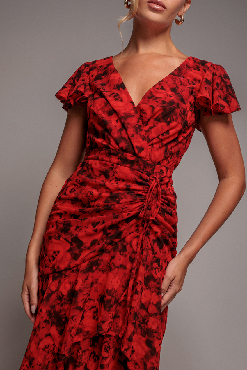 Red Floral Wrap High-Low Chiffon Midaxi Dress DR4369
