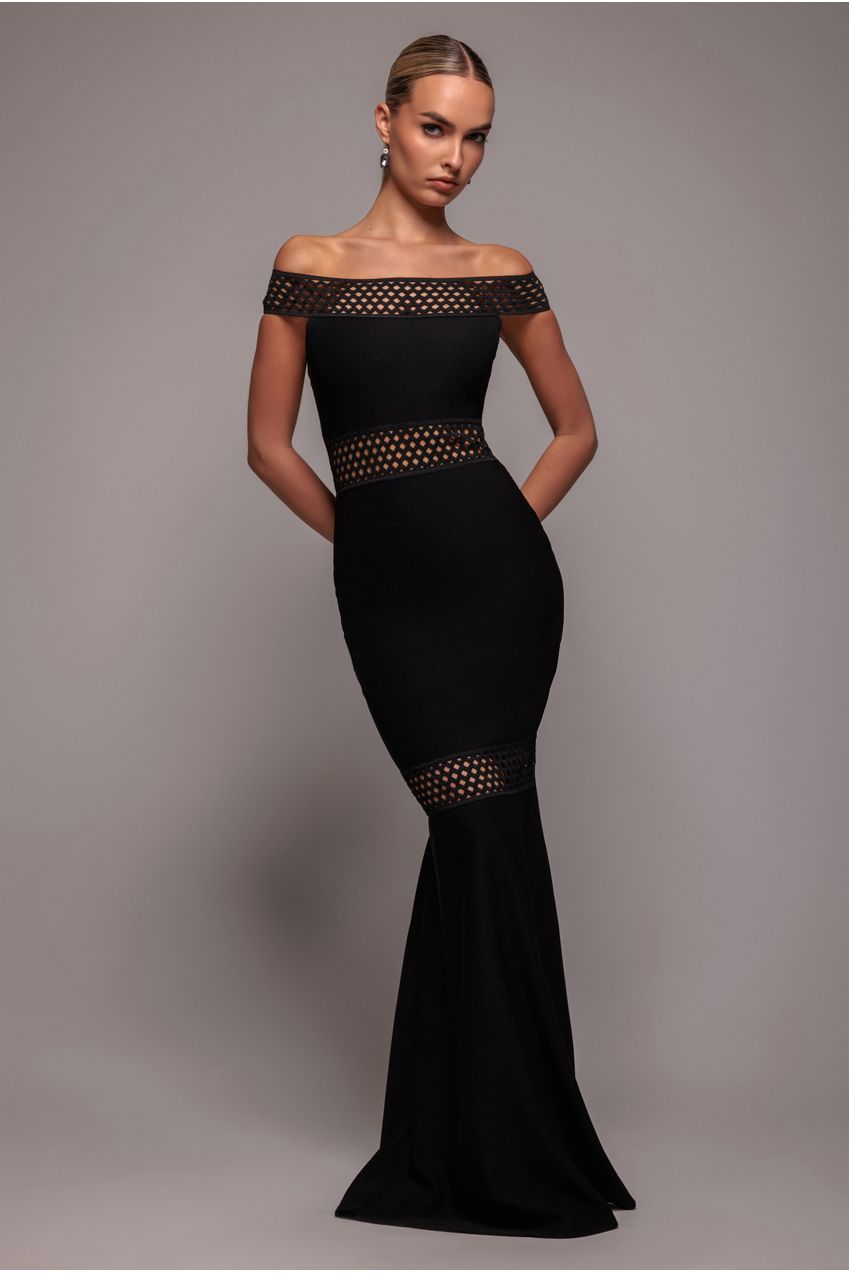 Black Off-Shoulder Ribbed Bodycon Maxi Dress DR4370