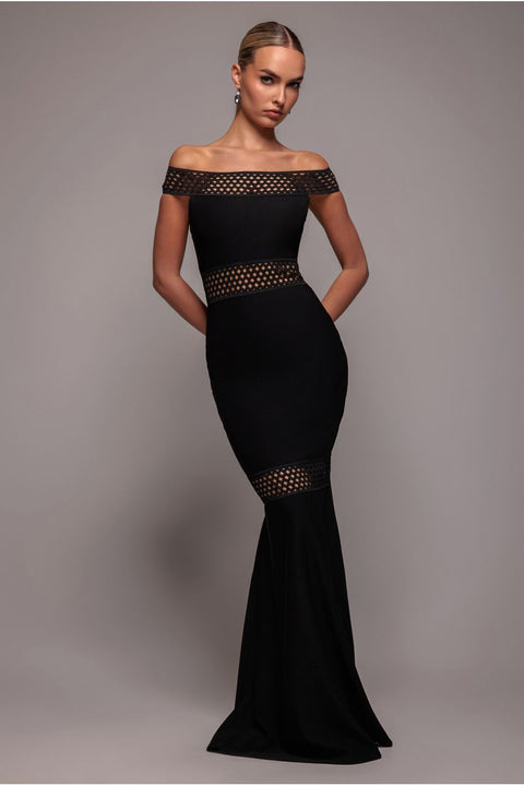 Black Off-Shoulder Ribbed Bodycon Maxi Dress by Goddiva