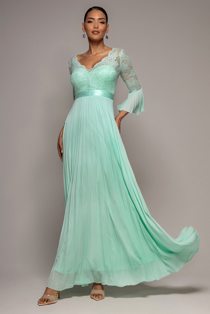 Mint Scalloped Lace Bodice Pleated Chiffon Maxi Dress DR4390