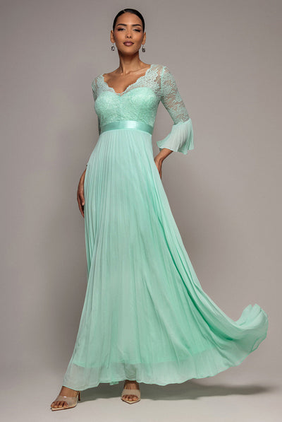 Mint - Mint Scalloped Lace Bodice Pleated Chiffon Maxi Dress by Goddiva
