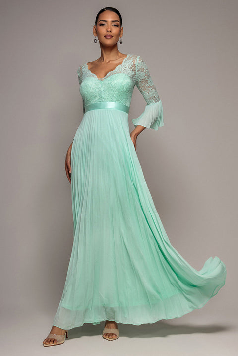 Mint Scalloped Lace Bodice Pleated Chiffon Maxi Dress by Goddiva