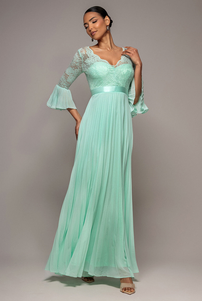 Mint Scalloped Lace Bodice Pleated Chiffon Maxi Dress DR4390