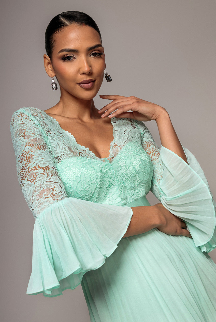 Mint Scalloped Lace Bodice Pleated Chiffon Maxi Dress DR4390