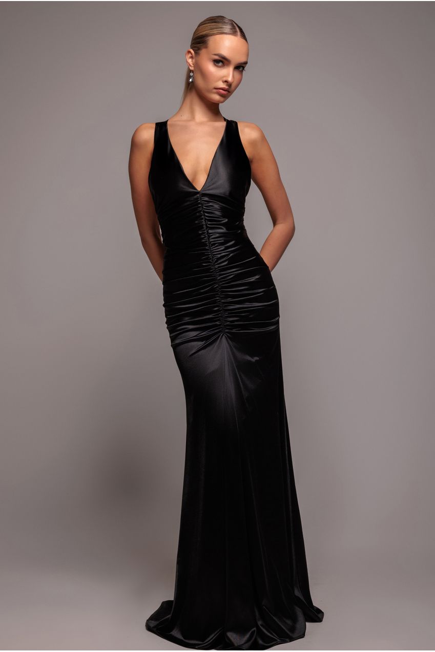 Black Satin Ring-Detail Gathered Maxi Dress DR4417