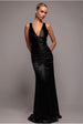 Black Satin Ring-Detail Gathered Maxi Dress by Goddiva