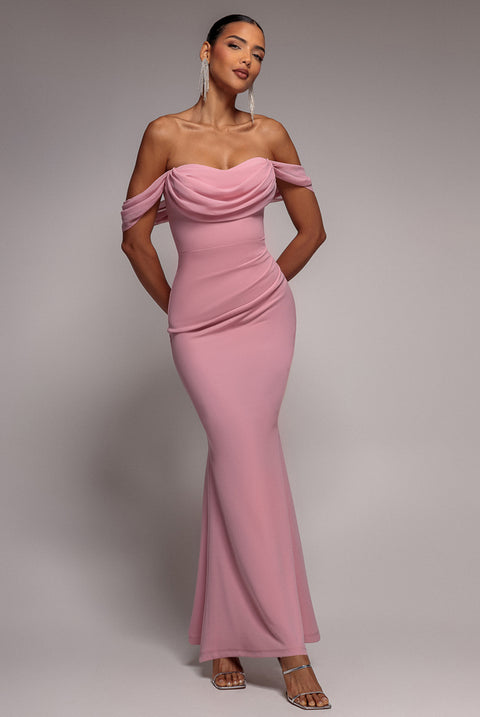 Blush Off-Shoulder Cowl Scuba & Chiffon Maxi Dress by Goddiva