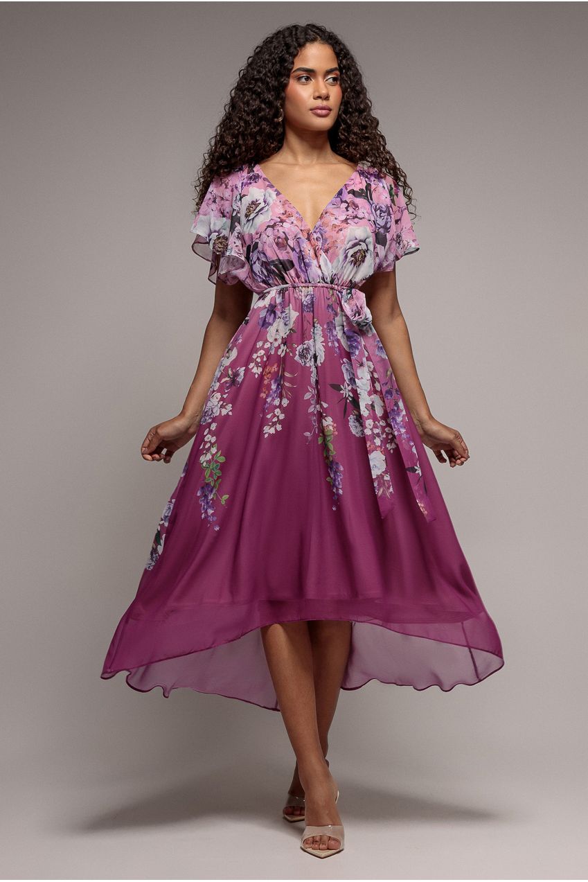 Magenta Floral Flutter Sleeve A-Line Chiffon Midi Dress DR4481