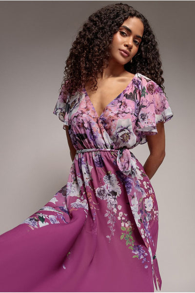 Magenta - Magenta Floral Flutter Sleeve A-Line Chiffon Midi Dress by Goddiva
